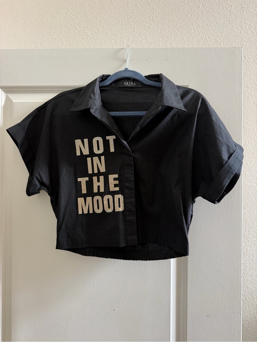 AKIRA Black Cropped Button-Down Top with 'NOT IN THE MOOD' Rhinestone Lettering